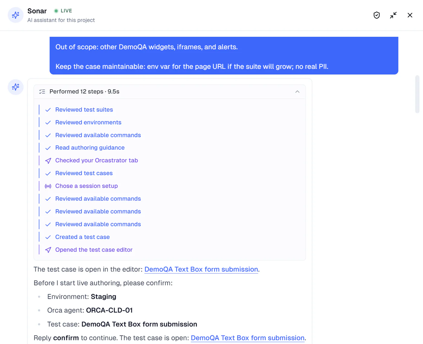 Sonar AI chat listing the project context it reviewed before authoring a test case